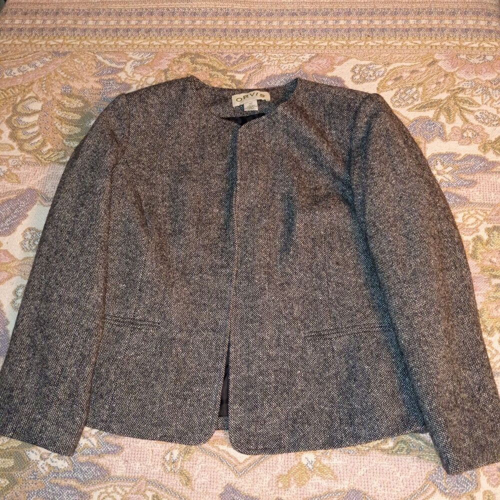 Vintage Orvis 100% Wool Tweed Blazer Jacket 14P Petite Charcoal Gray